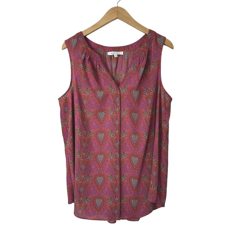 Rose + Olive Sleeveless Blouse Womens 1X Pink Floral V-Neck Tunic Pullover Boho